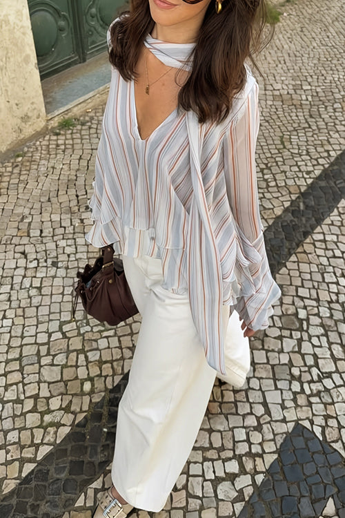 Thriving Flirt Striped Chiffon Ruffled Long Sleeve Top