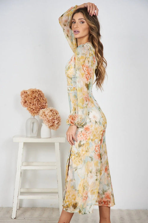 Radiantly Sweet Long Sleeve Floral Print Maxi Dress