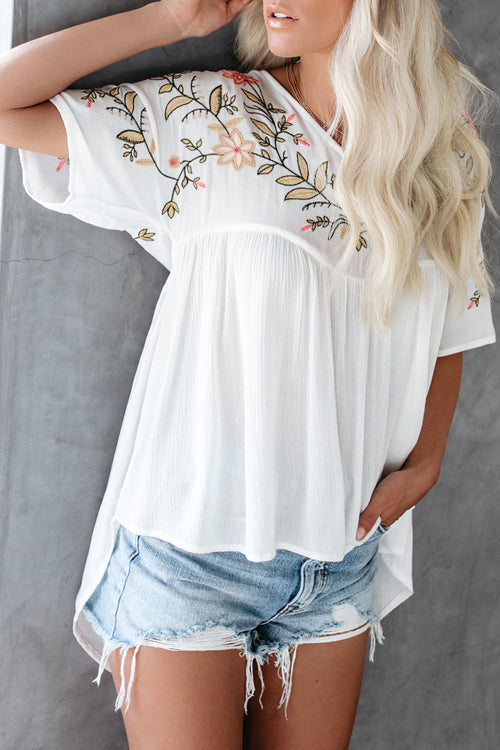 After Your Heart Floral Embroidered Short Sleeve Top