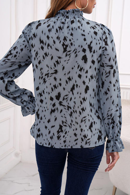 Admired Effect Print Smocked Long Sleeve Top