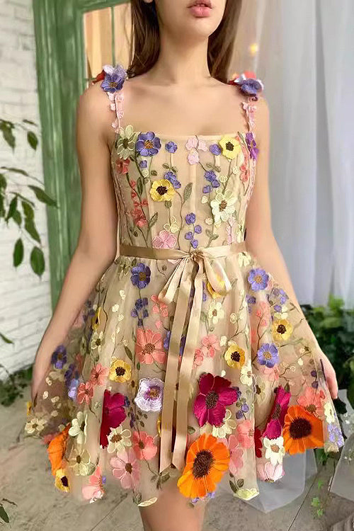 Unique Beauty 3D Floral Embroidered Tie-Strap Mini Dress