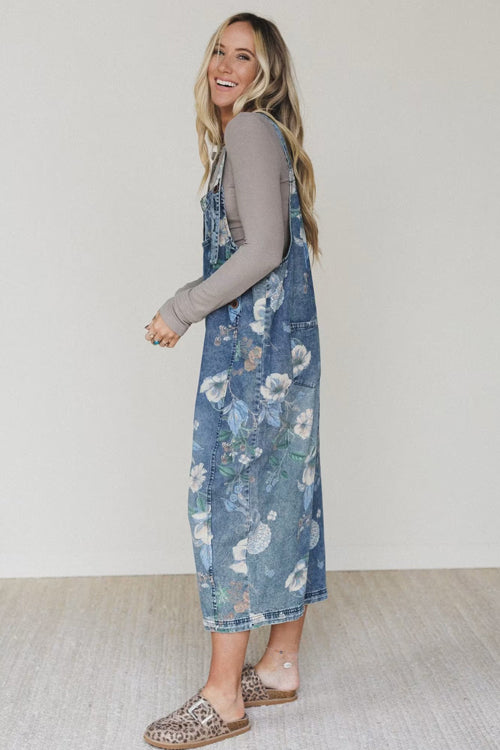 Blushing Beauty Print Denim Sleeveless Jumpsuit