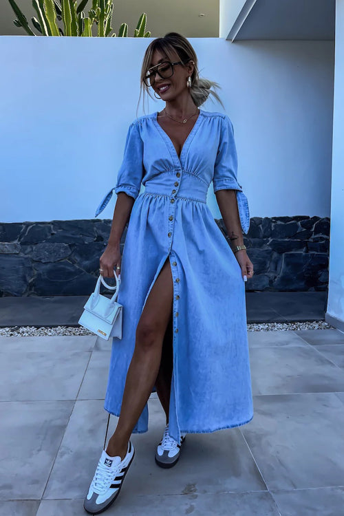 On This Sweet Day Button Down Denim Maxi Dress