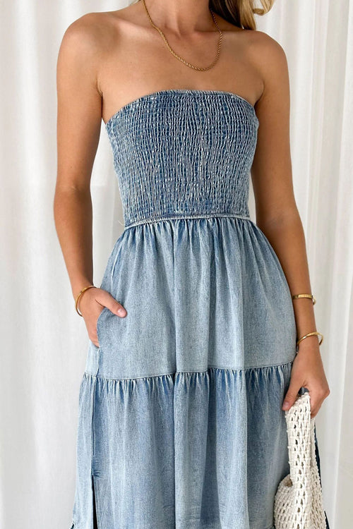 Complete Crush Denim Strapless Pleated Midi Dress