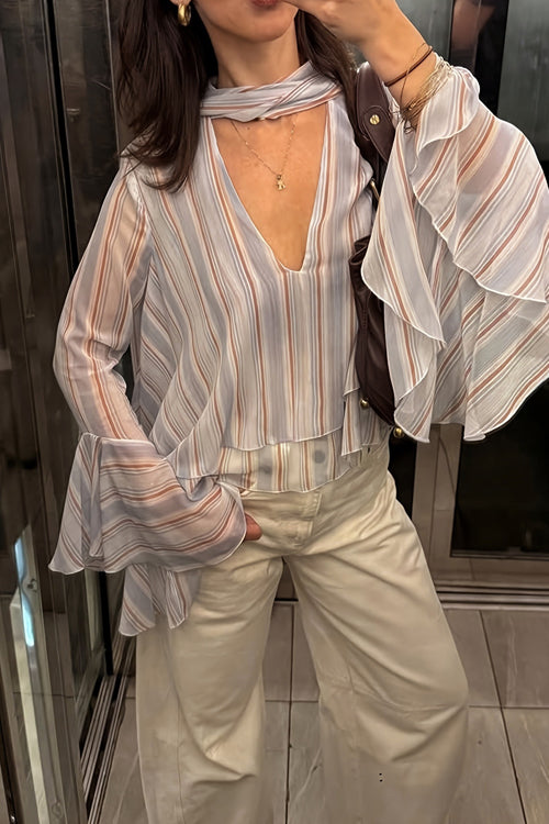 Thriving Flirt Striped Chiffon Ruffled Long Sleeve Top