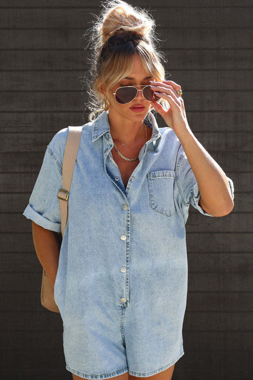 Festival Feelin' Light Wash Short Sleeve Denim Romper Beetsweeti Festival Feelin' Light Wash Short Sleeve Denim Romper Beetsweeti