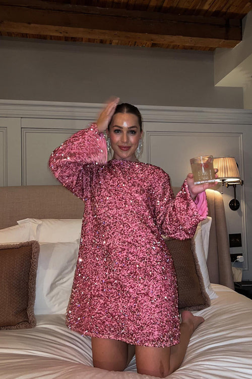 Pink Fully Sequined Dress Casual Dresses For Women O Neck Glitter Sequin Party Dress Tie Up Pink Fully Sequined Dress Casual Dresses For Women O Neck Glitter Sequin Party Dress Tie Up