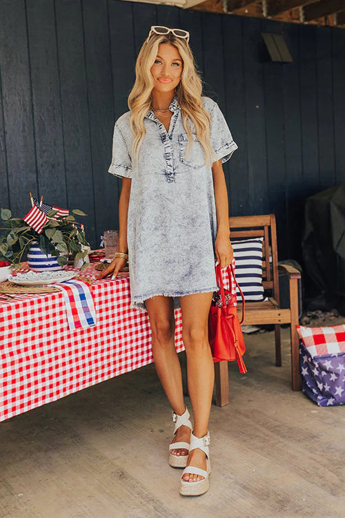 Festival Feelin' Light Wash Short Sleeve Denim Dress - 4 Colors