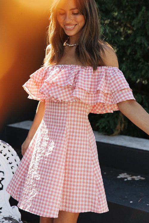 Essentially Sweet Off Shoulder Gingham Mini Dress