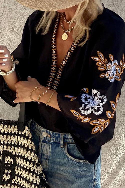 Vacation Vibe Boho Embroidery Half Sleeve Top