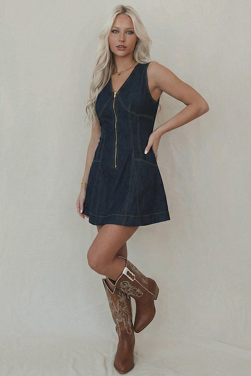 Prinsley Medium Wash Zip-Front Denim Mini Dress