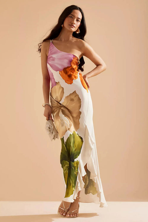 Compelling Romantic One Shoulder Floral Print Maxi Dress