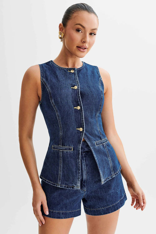 Chic Vibe Denim Sleeveless Two-Piece Suit