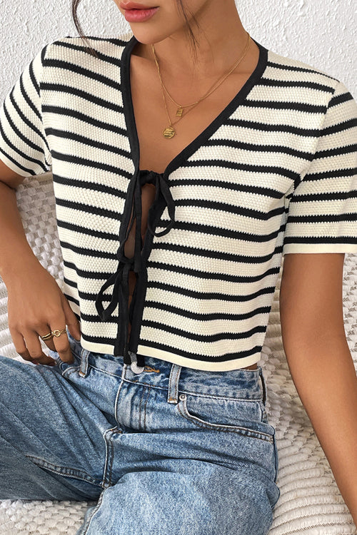 Best Essence Striped Tie-Front Knit Top