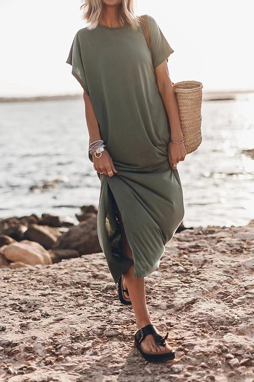 Live For Today Short Sleeve Relaxed Slit Maxi Dress -3 Colors