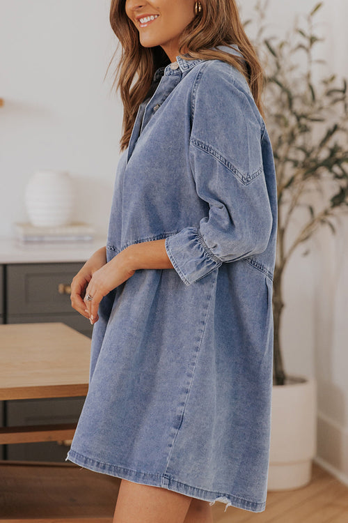 Step Out Half Sleeve Button Down Denim Mini Dress