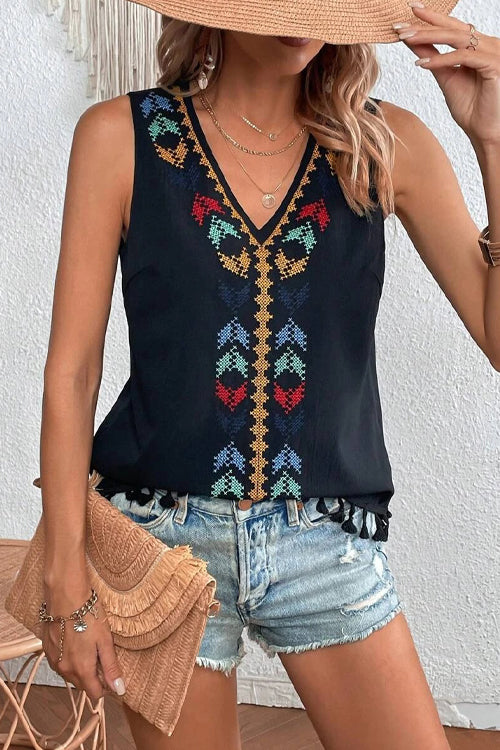 Just Be You Boho Embroidered Tassel Sleeveless Top - 4 Colors