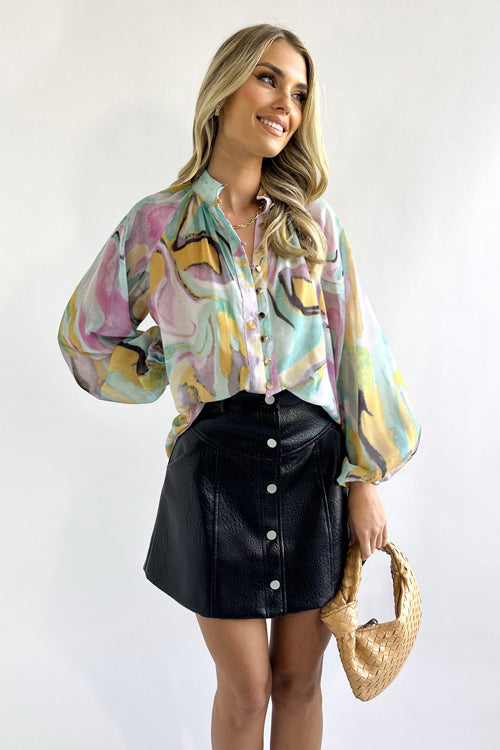 Make Yourself Happy Print Button Down Long Sleeve Top - 4 Colors