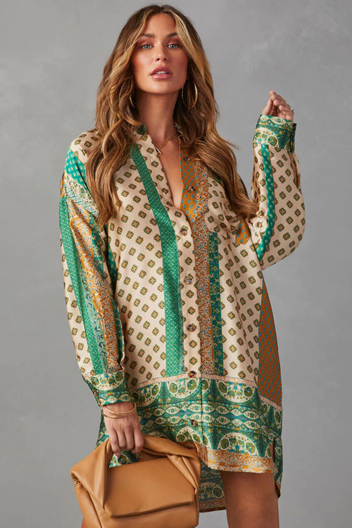 Never Too Late Boho Print Long Sleeve Mini Dress