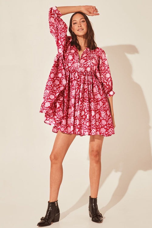 Take Your Joy Printed Babydoll Mini Dress - Red