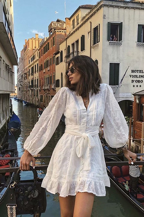 Adorable Darling White Crochet Lace Long Sleeve Mini Dress, S Adorable Darling White Crochet Lace Long Sleeve Mini Dress, S
