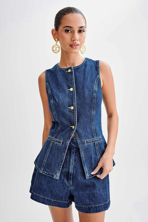 Chic Vibe Denim Sleeveless Two-Piece Suit