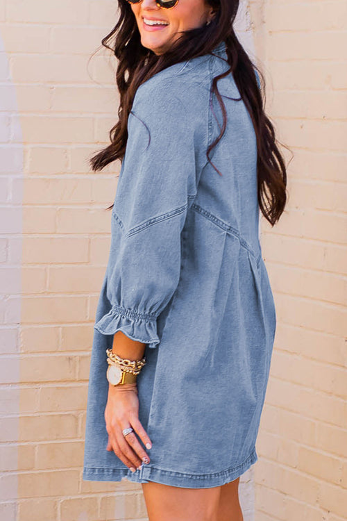 Step Out Half Sleeve Button Down Denim Mini Dress