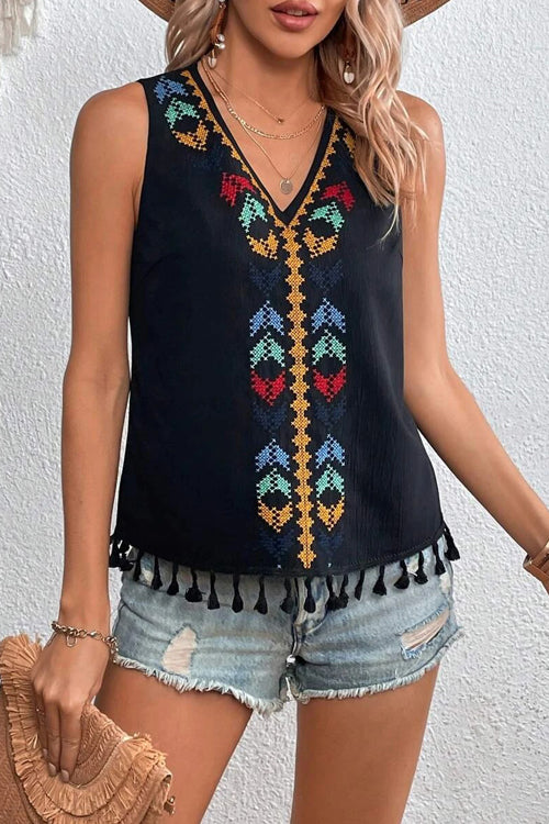 Just Be You Boho Embroidered Tassel Sleeveless Top - 4 Colors