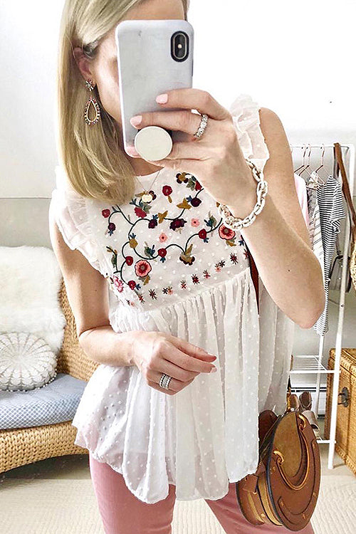 Sweetest Ease Floral Embroidered Swiss Dot Top