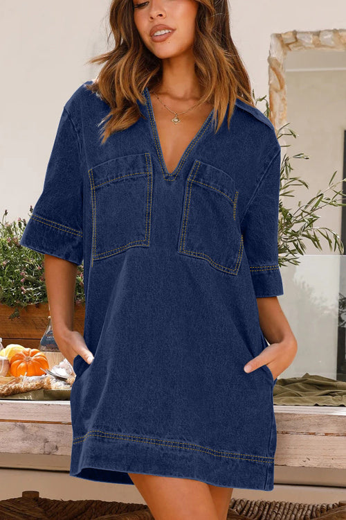 Something New Pocket Denim Short Sleeve Mini Dress - 2 Colors