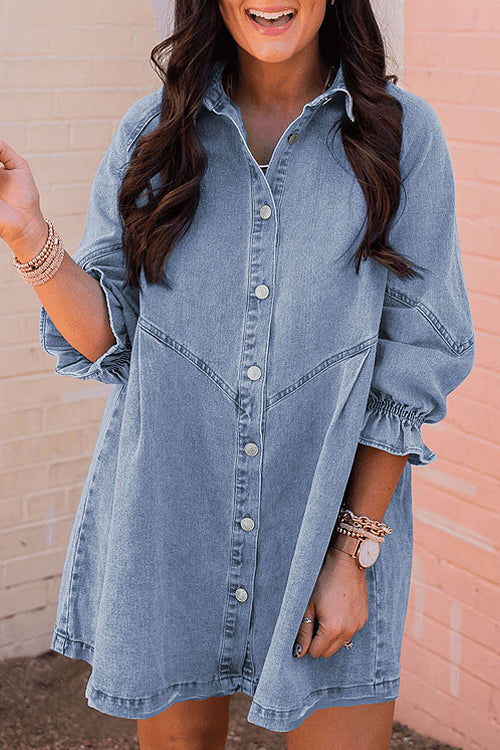 Step Out Half Sleeve Button Down Denim Mini Dress