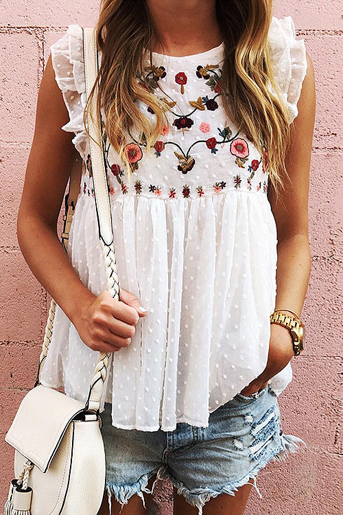 Sweetest Ease Floral Embroidered Swiss Dot Top