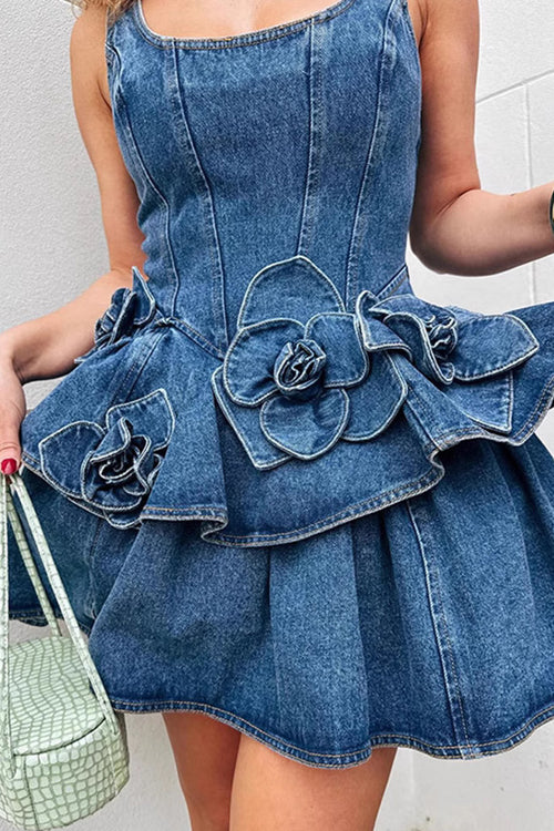 Prinsley Medium Wash Denim Flowers Mini Dress