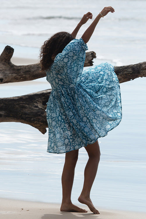 Take Your Joy Printed Babydoll Mini Dress - Blue