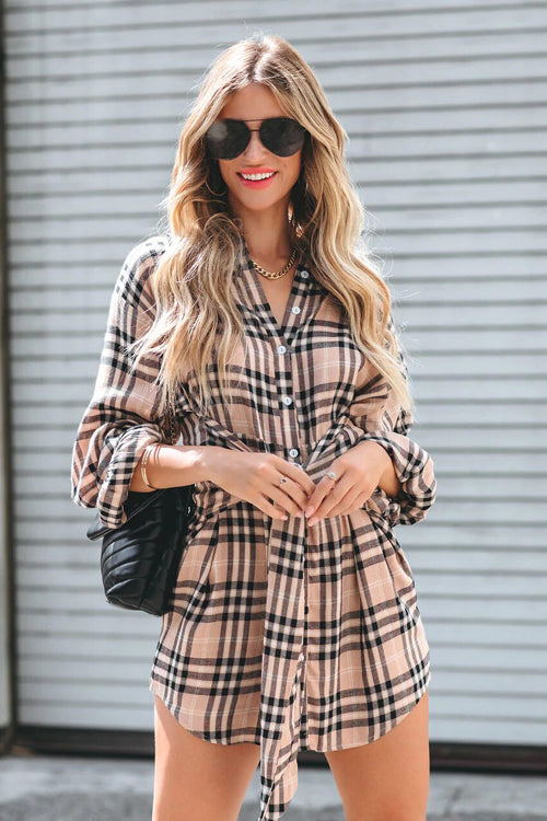 Love Is Life Plaid Tie Front Shirt Mini Dress - 2 Colors