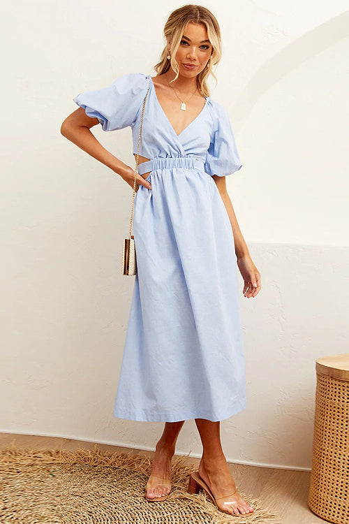 In Love Forever Puff Sleeve Cutout Midi Dress - 4 Colors
