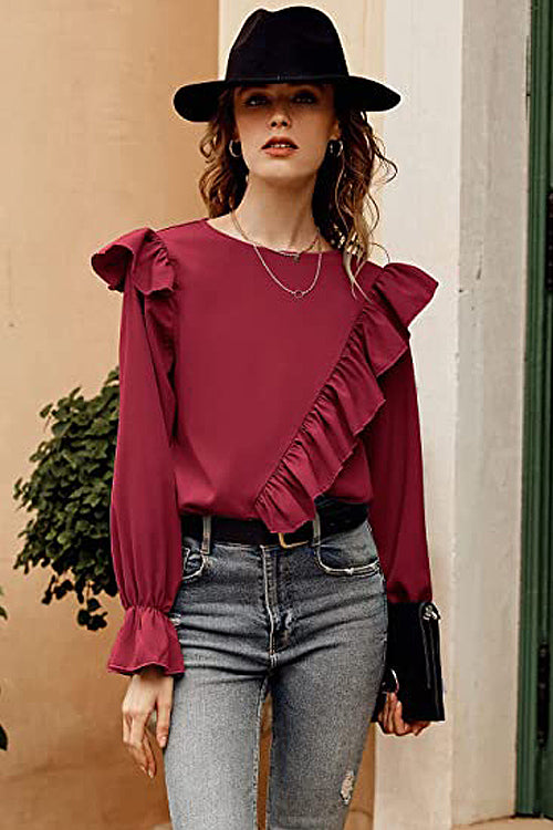 Elegant Image Ruffled Long Sleeve Top - 6 Colors