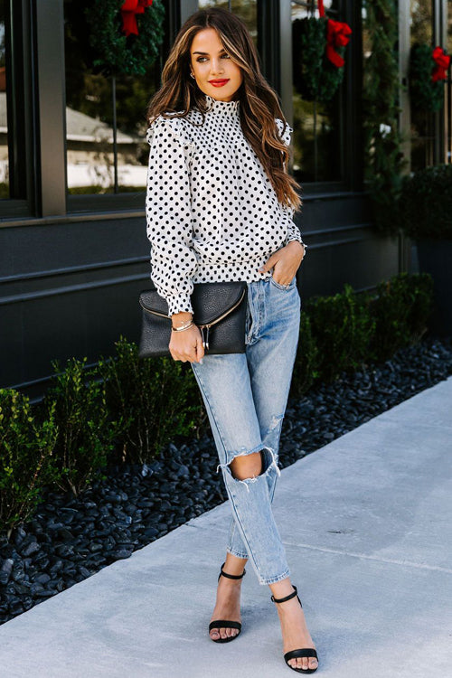 Sweet Spot Dotted Up Pleated Long Sleeve Top