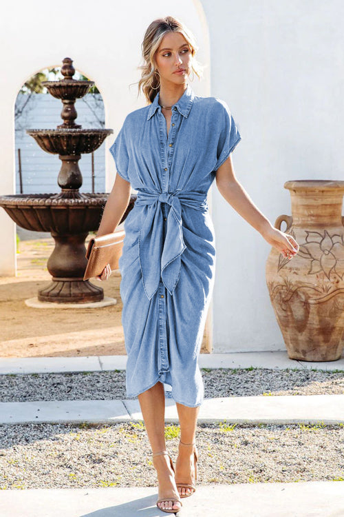 Bright Side Denim Tie-Front Button Down Midi Dress