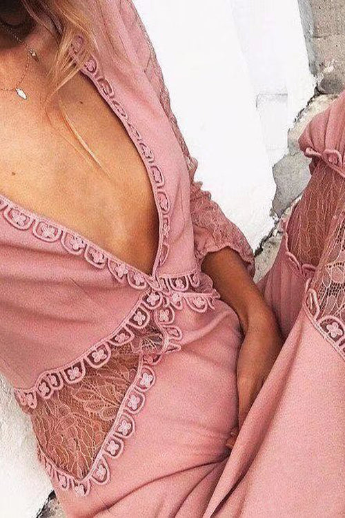 Pink Lace Irregular Hem Maxi Dress