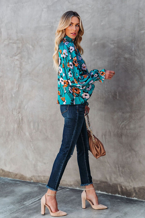 Best Mood Smocked Floral Print Long Sleeve Top