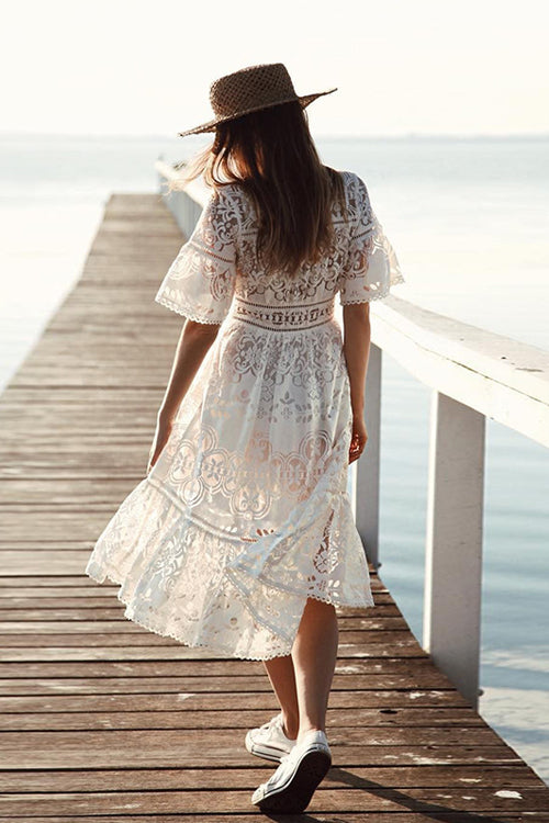 lace hollow dress Lace Hollow-out Button Midi Dress