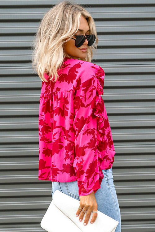 Always In Mind Pink Ruffled Print Long Sleeve Top