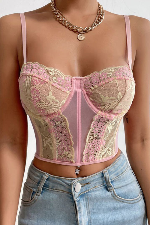 Spice It Up Pink Strap Lace Bustier Crop Top