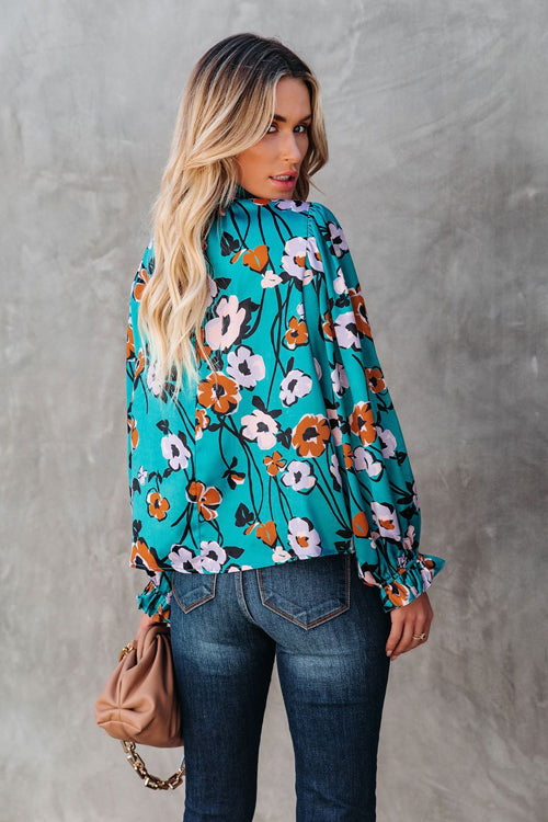 Best Mood Smocked Floral Print Long Sleeve Top