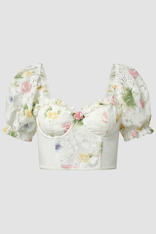 Take Time Vintage Flower Lace Puff Sleeve Crop Top