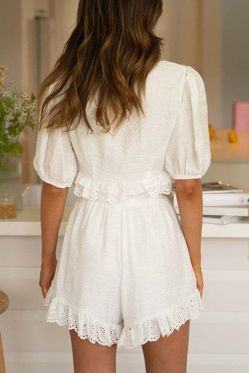 Walk My Way White Lace Crochet Short Sleeve Suit