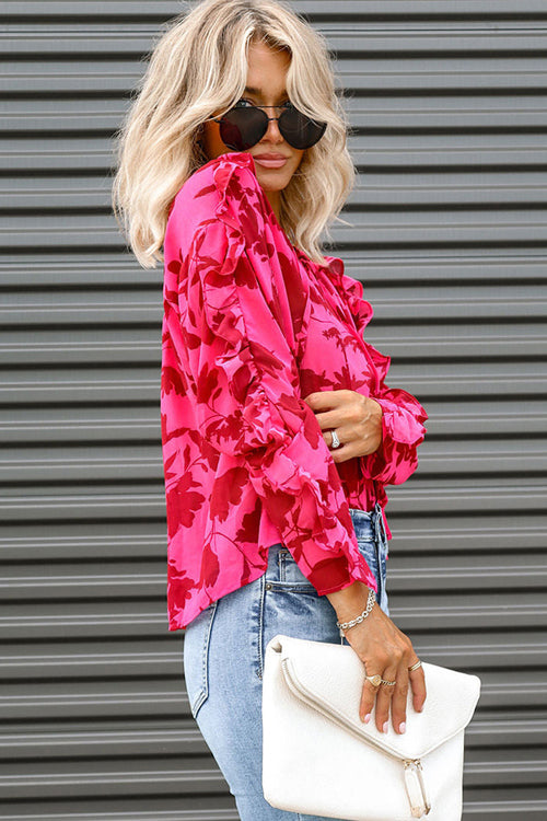 Always In Mind Pink Ruffled Print Long Sleeve Top