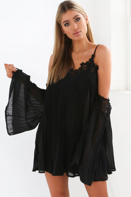 Lace Embroidered Cold Shoulder Pleated Dress - 2 Colors