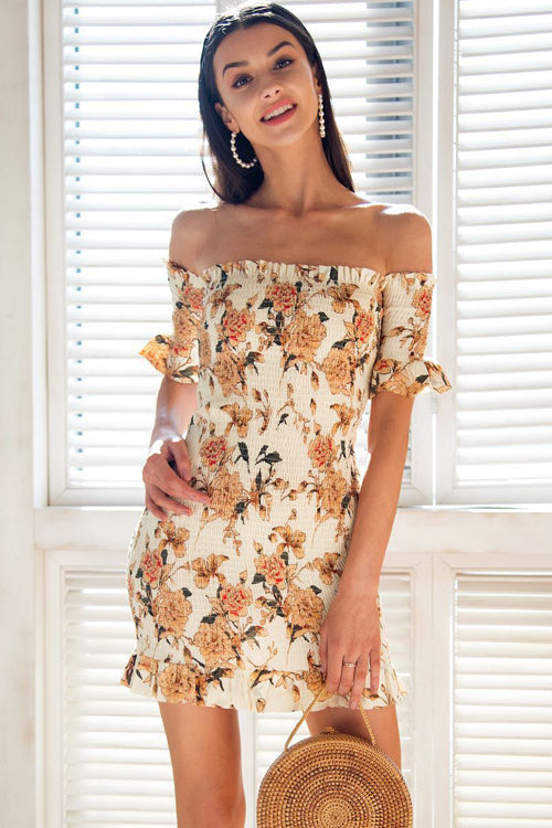 Sunflower Pleated Off the Shoulder Mini Dress